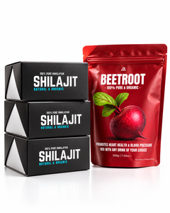Three black boxes of SHILAJIT next to a red stand-up pouch of BEETROOT herbal mix on a white background.