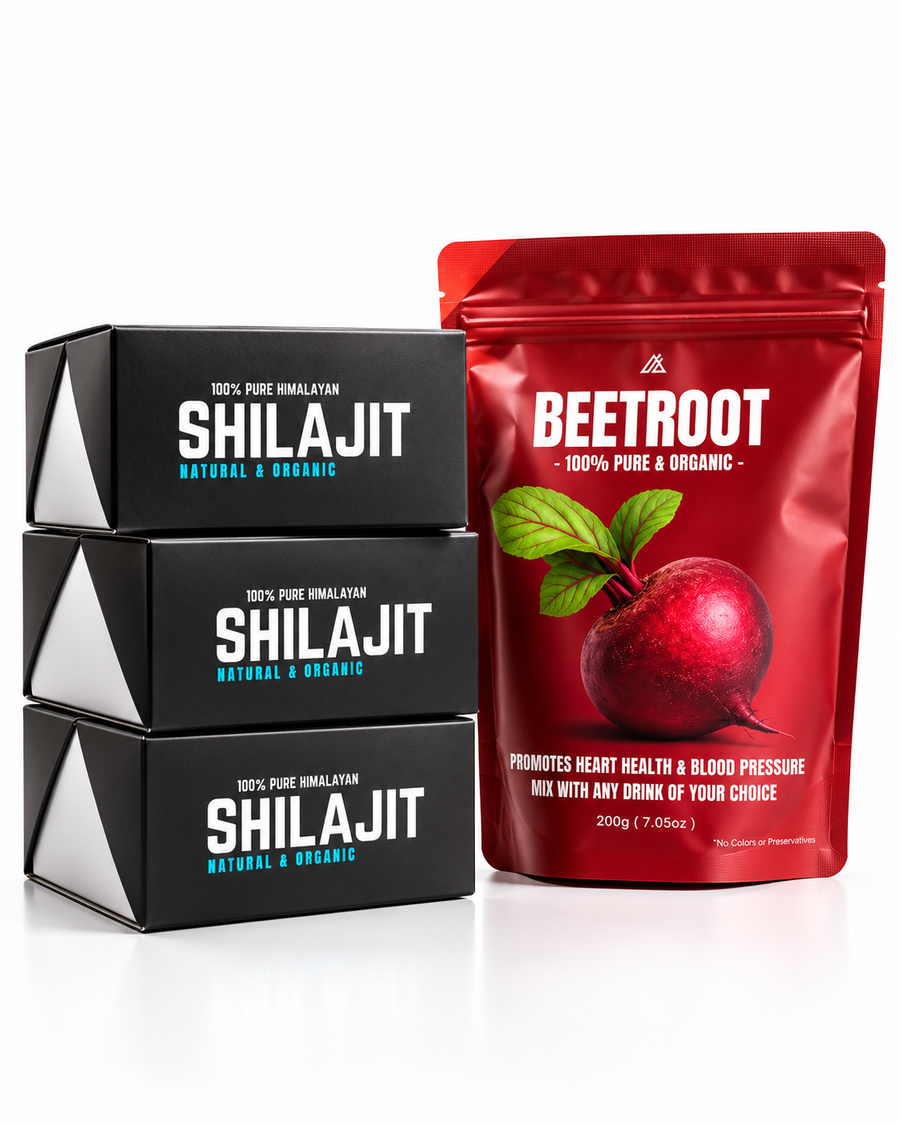 Three black boxes of SHILAJIT next to a red stand-up pouch of BEETROOT herbal mix on a white background.