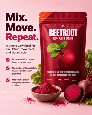 A stand-up pouch of Beetroot drink mix on a pink background, with beetroot and a bowl of red powder shown beside it. Large text reads 'Mix.