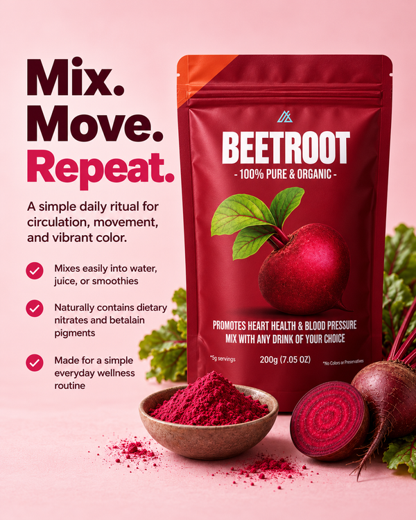 A stand-up pouch of Beetroot drink mix on a pink background, with beetroot and a bowl of red powder shown beside it. Large text reads 'Mix.