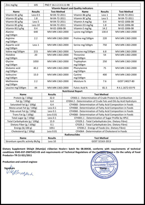Vitamin and mineral supplement label with test results and certification details.