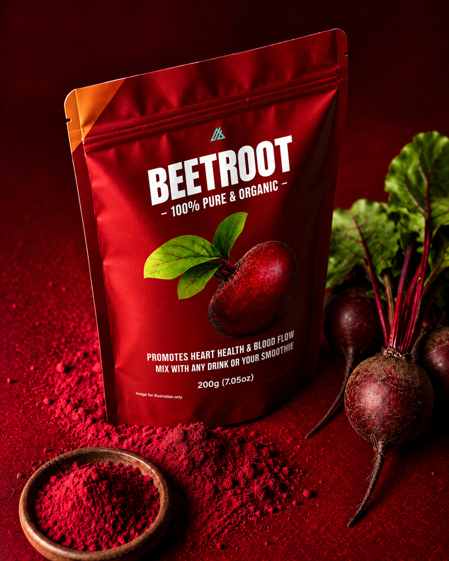 A red stand-up pouch of Beetroot powder with white text and a beetroot illustration on the front, styled on a dark red background with whole beets, leafy greens, and a small bowl of loose powder.