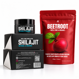 A product bundle featuring a black jar of Shilajit, a black box of Shilajit, and a red pouch of Beetroot, displayed on a clean white background.