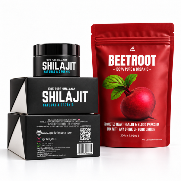 A product bundle featuring a black jar of Shilajit, a black box of Shilajit, and a red pouch of Beetroot, displayed on a clean white background.