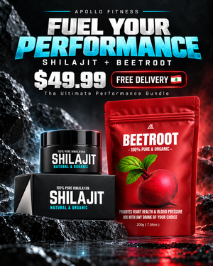 Apollo Fitness Fuel Your Performance bundle featuring a black jar and box of Shilajit and a red pouch of Beetroot, set against a dark rocky background with promotional text and a free delivery badge.
