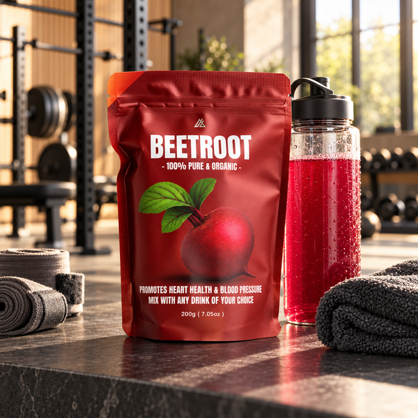 A red stand-up pouch of Beetroot powder supplement stands on a gym counter next to a clear bottle filled with red powder, with towels and gym equipment blurred in the background.