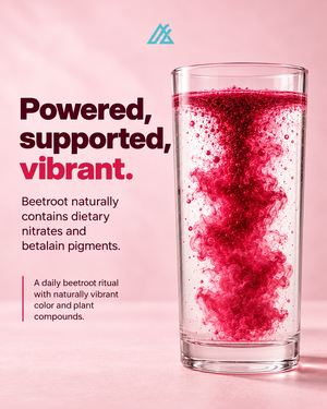 A promotional graphic for a beetroot ritual, featuring a tall clear glass filled with bright pink-red beetroot liquid and bubbles on a soft pink background, with text describing beetroot nutrients and benefits.