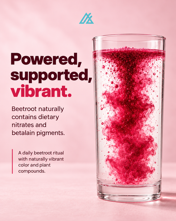A promotional graphic for a beetroot ritual, featuring a tall clear glass filled with bright pink-red beetroot liquid and bubbles on a soft pink background, with text describing beetroot nutrients and benefits.