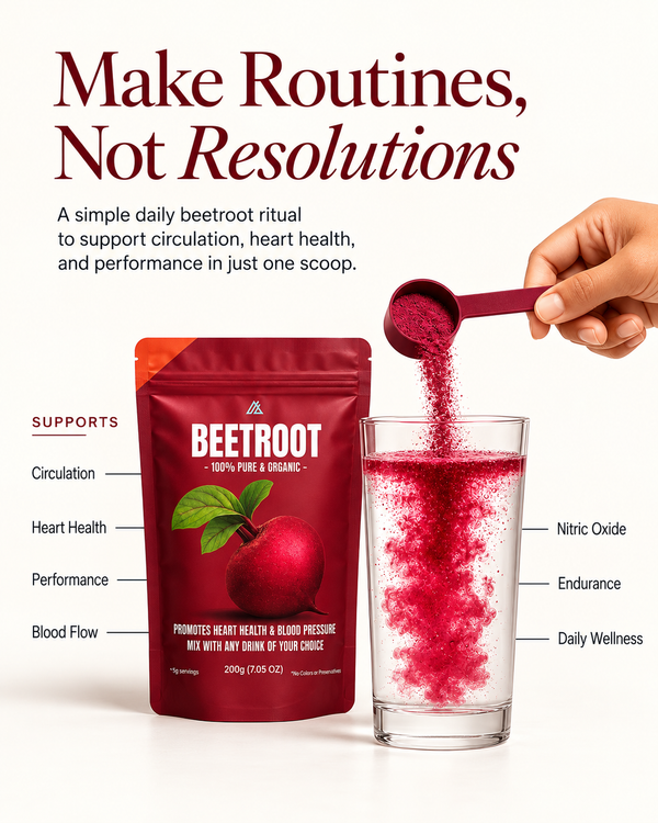 A promotional product graphic for beetroot powder showing a red stand-up pouch labeled 'BEETROOT' next to a hand pouring bright red powder into a clear glass. Large headline text at the top reads 'Make Routines, Not Resolutions' with supporting copy about circulation, heart health, and performance.