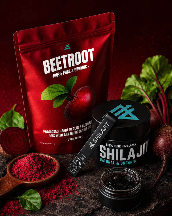Beetroot powder and Shilajit with packaging on a dark background