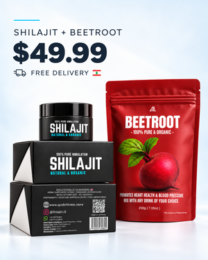 Promotional product image for a shilajit and beetroot bundle. It shows a black jar of Shilajit, a black box of Shilajit, and a red stand-up pouch of Beetroot on a light blue-to-white gradient background, with text reading 'SHILAJIT + BEETROOT $49.
