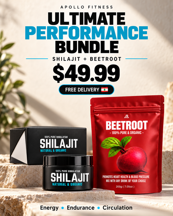 Apollo Fitness Ultimate Performance Bundle featuring a black box and jar of Shilajit and a red pouch of Beetroot, displayed on stone steps with promotional text.