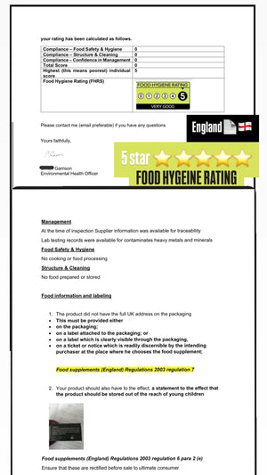 5-star food hygiene rating certificate from England for Shilajit Apollo Fitness.