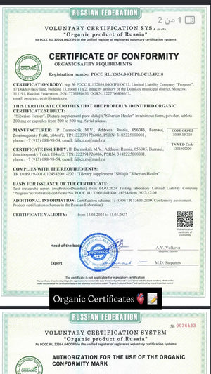 Certificate of Conformity for an organic product from Russia with certification logos and text.