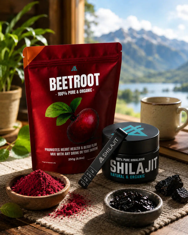 Beetroot powder, Shilajit, and a cup of tea on a table with a mountain view.