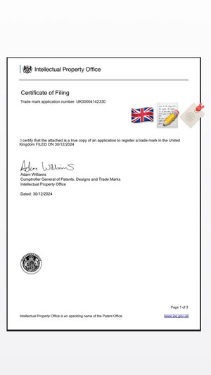 Certificate of Filing from the Intellectual Property Office with a British flag and logo.