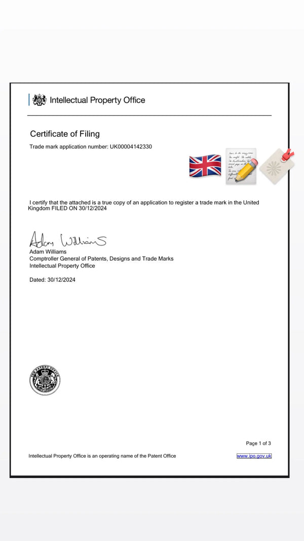 Certificate of Filing from the Intellectual Property Office with a British flag and logo.