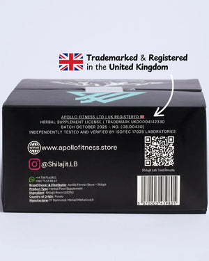 Back of a black box with branding, QR code, and text on a light gray background