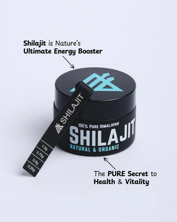 Shilajit container with a stick labeled '100% Pure Himalayan Shilajit' on a light gray background.