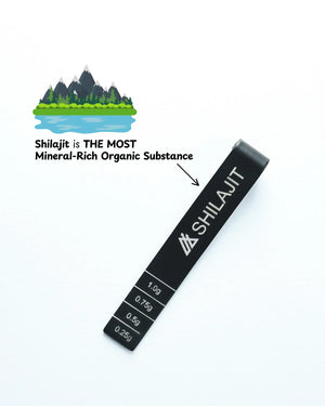 Shilajit strip with measurement scale and nature graphic on a white background