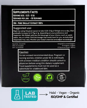 Supplement packaging with text and logos on a black background