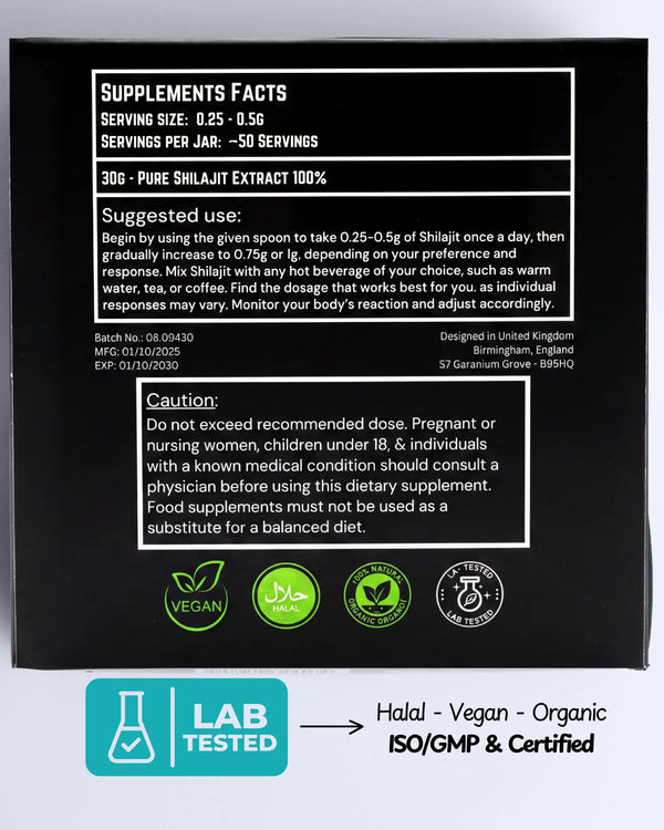 Supplement packaging with text and logos on a black background