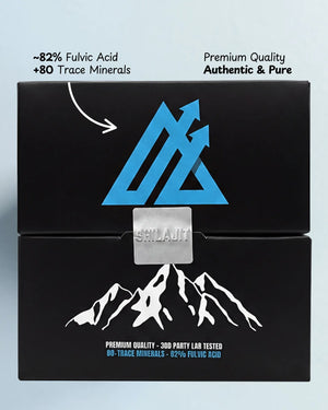 Black packaging with blue logo and mountain design on a light blue background