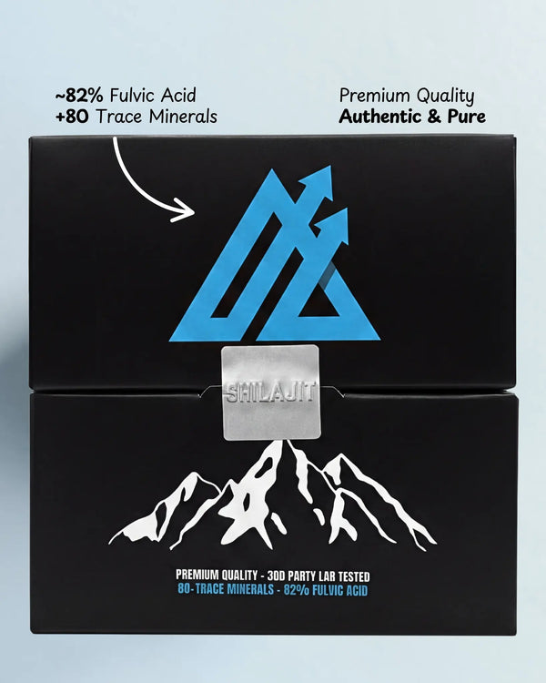 Black packaging with blue logo and mountain design on a light blue background