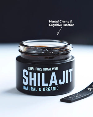 Jar of Shilajit with text highlighting benefits on a dark background