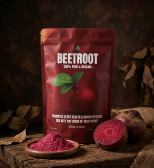 Apollo Fitness Organic Beetroot Powder 200g supporting healthy blood flow, nitric oxide production, exercise performance and cardiovascular health.