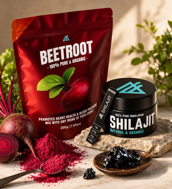 Apollo Fitness natural energy bundle featuring Himalayan Shilajit and organic beetroot powder with fresh beetroot and premium product presentation