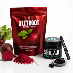 Apollo Fitness Shilajit and Organic Beetroot Bundle featuring 100% pure Himalayan Shilajit resin and organic beetroot powder for energy, endurance and daily wellness.