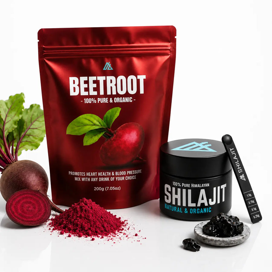 Apollo Fitness Shilajit and Organic Beetroot Bundle featuring 100% pure Himalayan Shilajit resin and organic beetroot powder for energy, endurance and daily wellness.