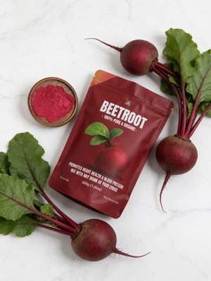 Premium 200g beetroot powder by Apollo Fitness displayed with fresh beetroots and vibrant beetroot powder on a professional studio background
