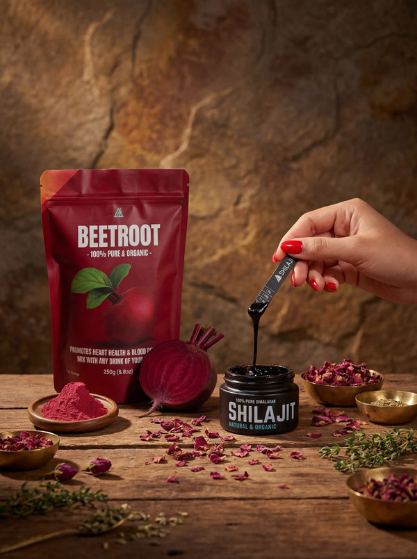 Beetroot powder packaging with a hand holding a container labeled 'Shilajit' on a wooden surface.