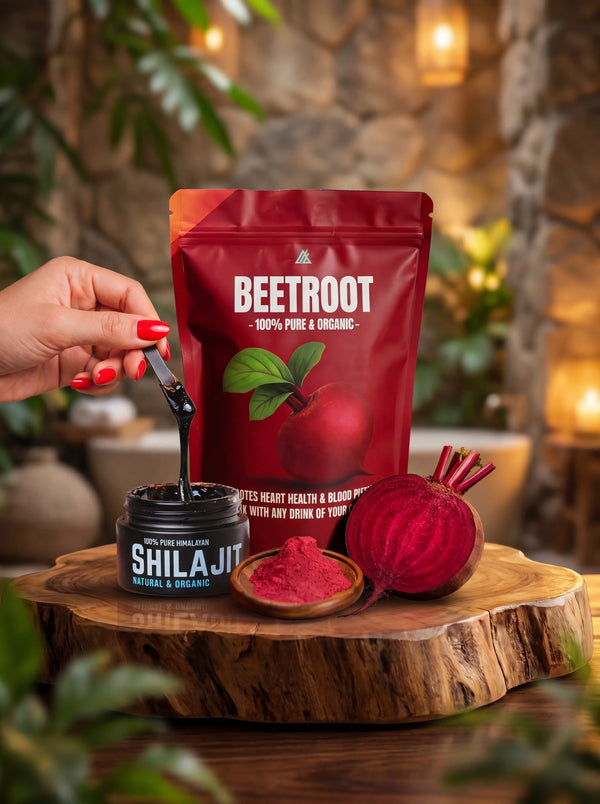 Beetroot powder packaging with a beetroot and Shilajit on a wooden surface.