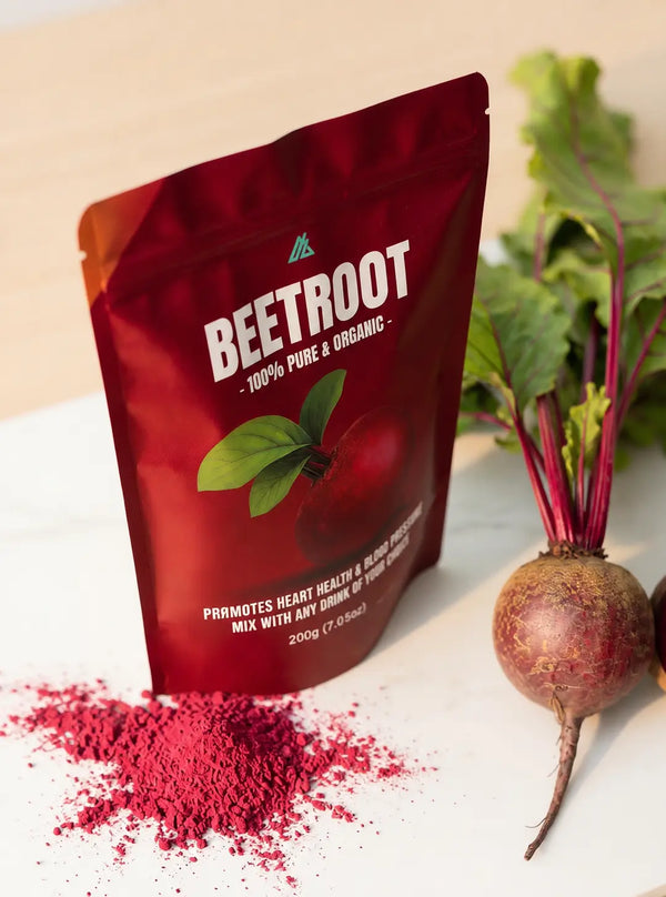 Front view of Apollo Fitness 200g Organic Beetroot Powder pouch made from 100% pure beetroot with no additives or fillers.