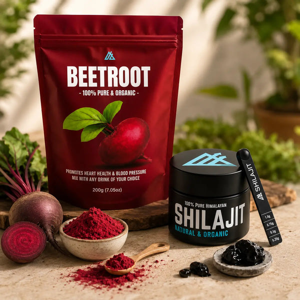 Apollo Fitness bundle including pure Shilajit resin and organic beetroot powder to support stamina, nitric oxide production, blood flow and vitality.