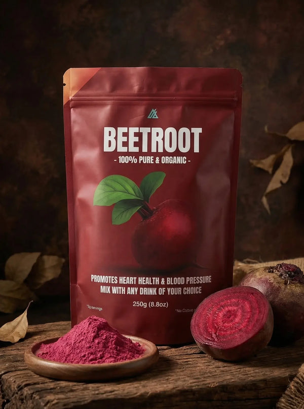 Beetroot powder packaging with ingredients on a wooden surface