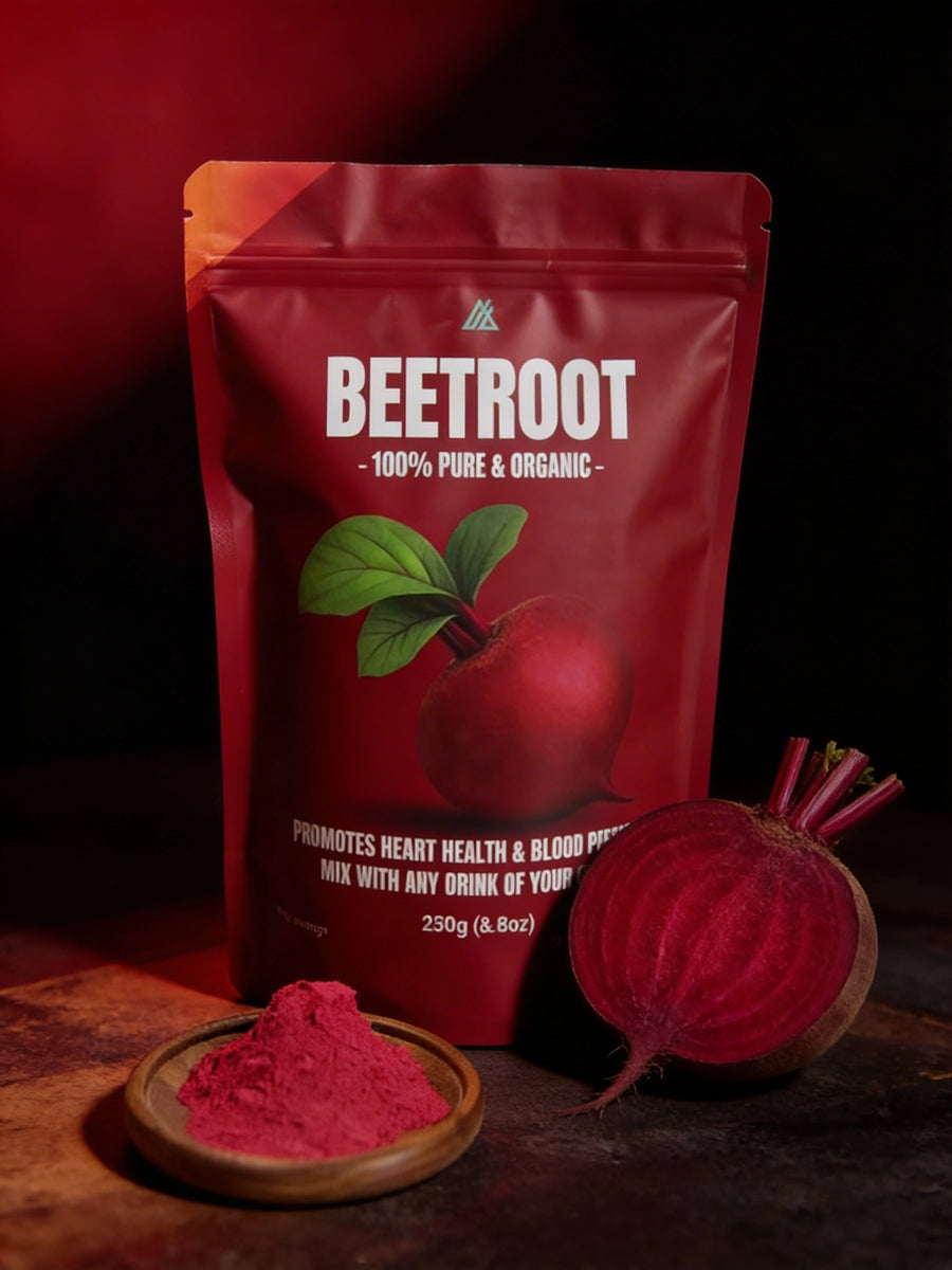 Beetroot powder packaging with fresh beets on a dark background