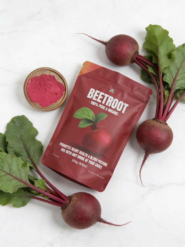 Beetroot powder packaging with fresh beetroots on a white background