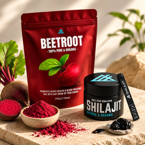Premium performance supplement bundle with Himalayan Shilajit resin and 200g organic beetroot powder on a clean white background.